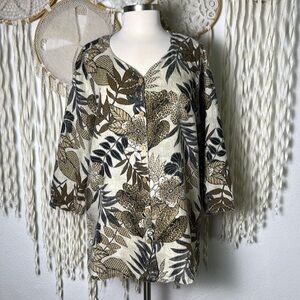 Hot Cotton Linen Button Down Leaf Print Shirt Jacket Size Large